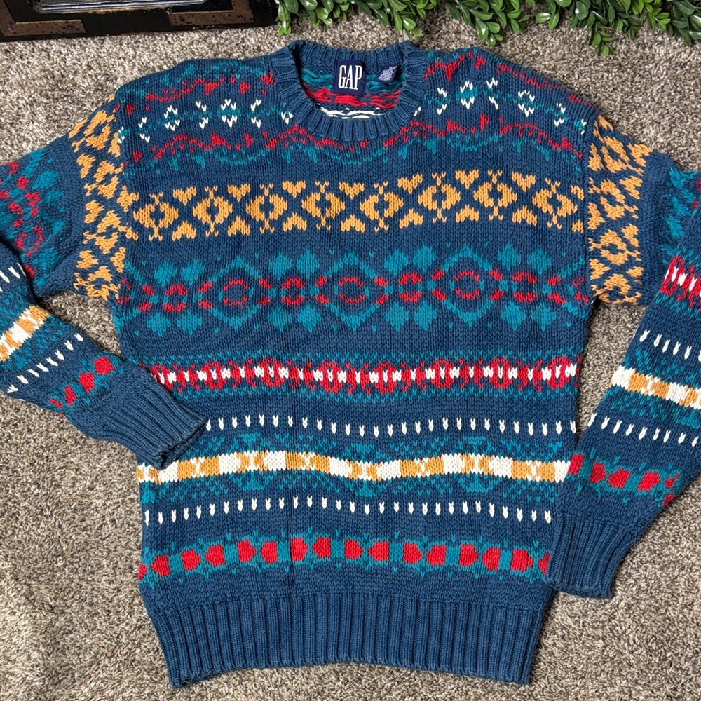 Vintage 90s  y2k GAP FAIR ISLE NORDIC Style HEAVY Sweater Sz medium